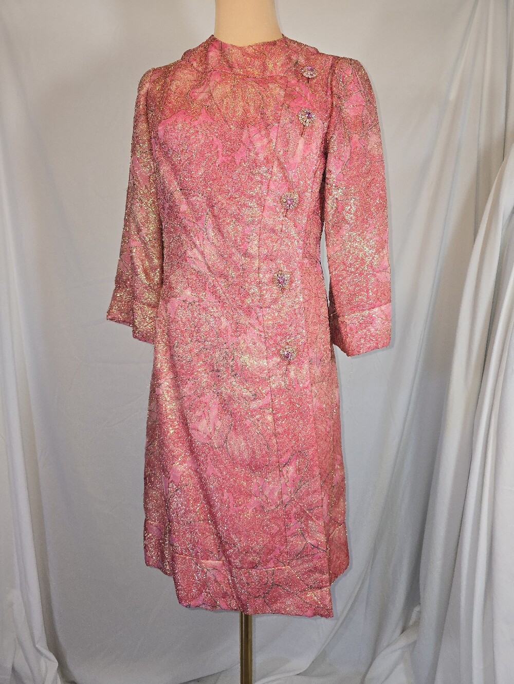 Elegant Pink Metallic Gold Brocade Sheath Jacket Dress
